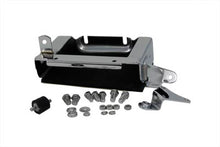 Load image into Gallery viewer, V-Twin chrome battery carrier kit for motorcycle, featuring polished metal finish and mounting hardware for electrical assembly.