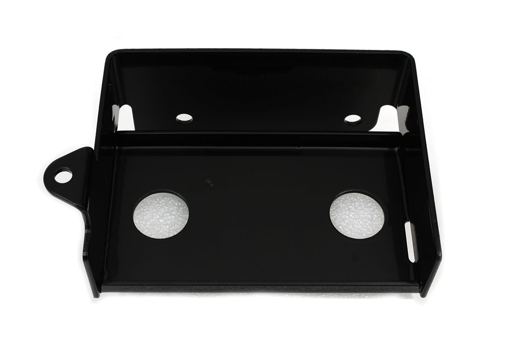 V-TWIN black electrical battery carrier for motorcycles, durable and secure battery mounting accessory.