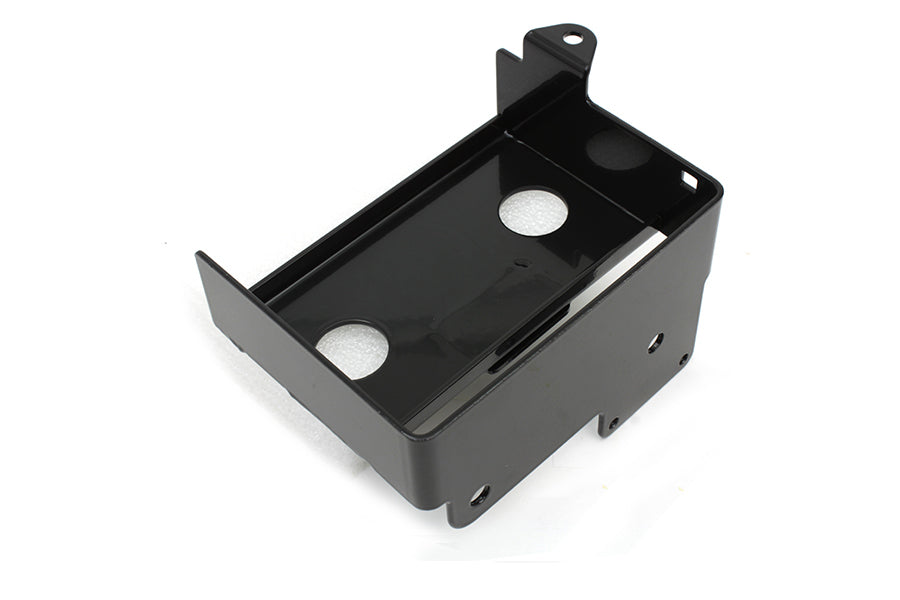 V-TWIN black electrical battery carrier for motorcycle batteries, durable and secure mounting with V-TWIN branding visible.