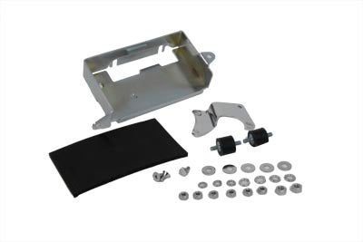 V-TWIN chrome battery carrier kit for motorcycle electrical systems, featuring a polished chrome finish and durable construction.
