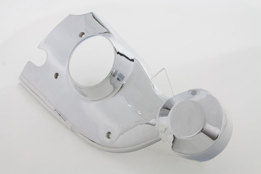 V-TWIN chrome engine cam cover trim, shiny and reflective, designed for V-TWIN motorcycle engines.