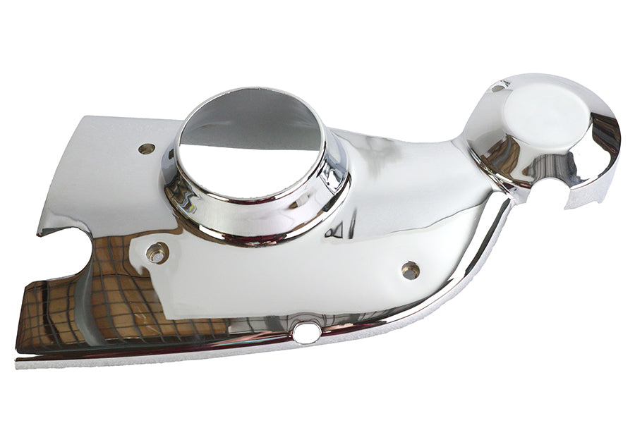 V-TWIN engine cam cover trim showing polished metal finish on a motorcycle engine component.
