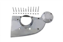 Load image into Gallery viewer, V-TWIN chrome engine cam cover trim showing shiny chrome finish and detailed design on V-TWIN branded motorcycle engine part.