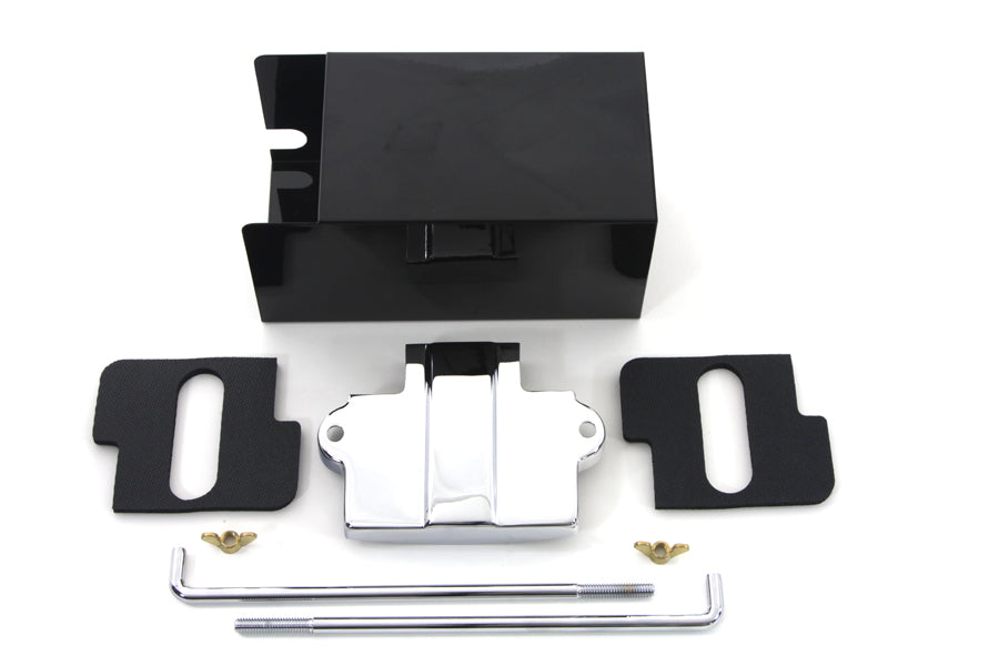 V-TWIN Battery Extension Box Kit for electrical systems, showing the black plastic box with mounting hardware and wiring connections.