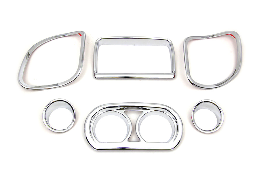 Chrome inner fairing trim kit for windshield and sissy bar by American Dresser, shown on a motorcycle.