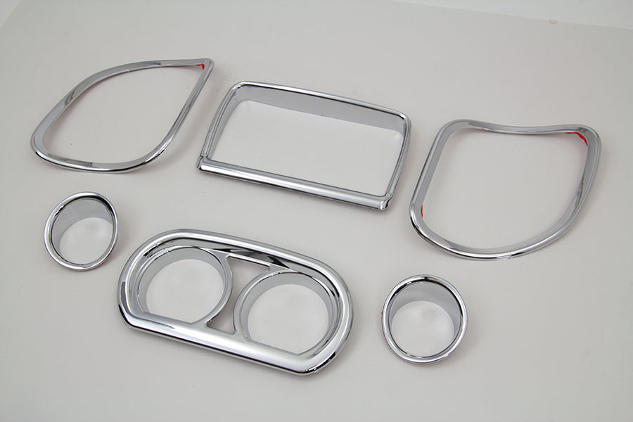 Chrome inner fairing trim kit for windshield and sissy bar by American Dresser, shown on a motorcycle.