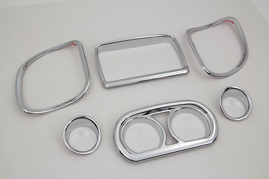 Chrome inner fairing trim kit for windshield and sissy bar by American Dresser, shown on a motorcycle.