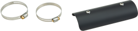 Black SAWICKI Dyna Heat Shield for exhaust system, shown mounted on motorcycle exhaust with a sleek, durable design.