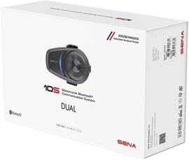 Two SENA 10s headset and intercom units with microphones and control buttons for motorcycle communication and audio.