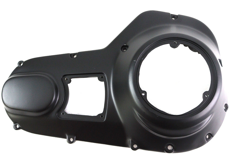 V-Twin black outer primary cover for drive line, made of durable material, with a sleek finish and detailed branding.