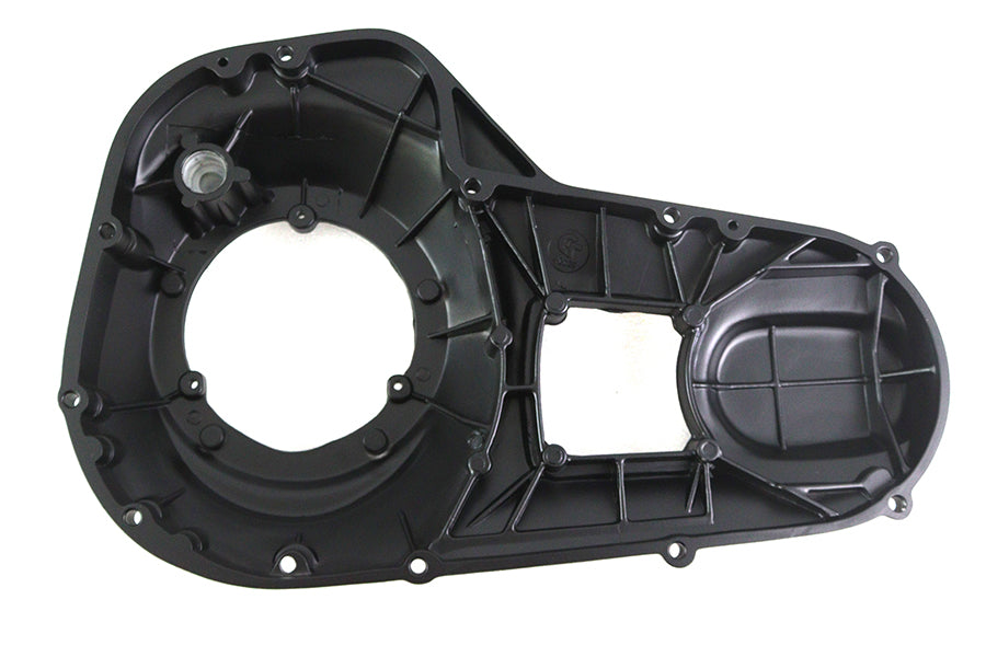 V-Twin black outer primary cover for drive line, showcasing a sleek metal finish with detailed branding and mounting holes.