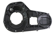 Load image into Gallery viewer, V-Twin black outer primary cover for drive line, showcasing a sleek metal finish with detailed branding and mounting holes.
