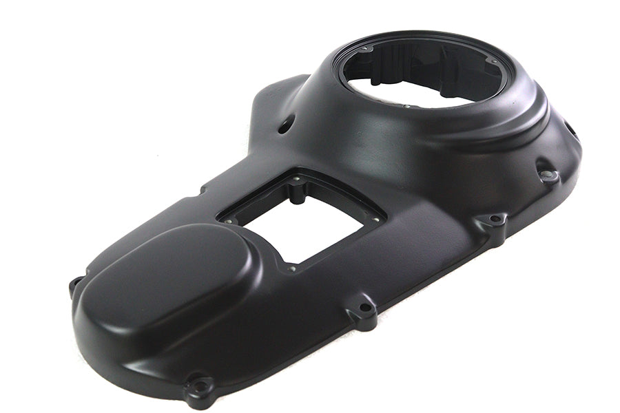 V-Twin Black Outer Primary Cover for drive line, featuring a sleek black finish and detailed design, compatible with V-Twin motorcycle models.