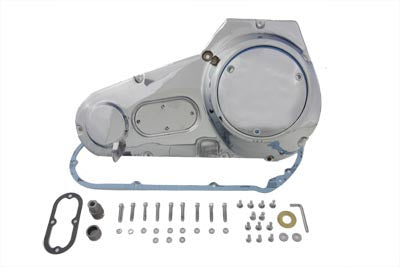 Chrome outer primary cover kit for motorcycle drive line, branded MOTORSHOP, shown on a clean, shiny engine component.
