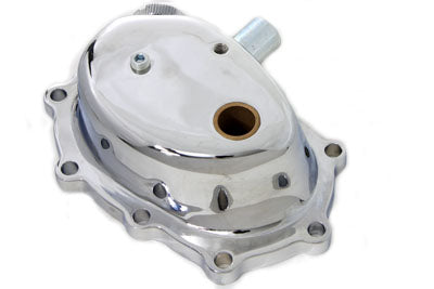 Chrome cover for MOTORSHOP kick starter transmission, durable motorcycle part with sleek chrome finish.