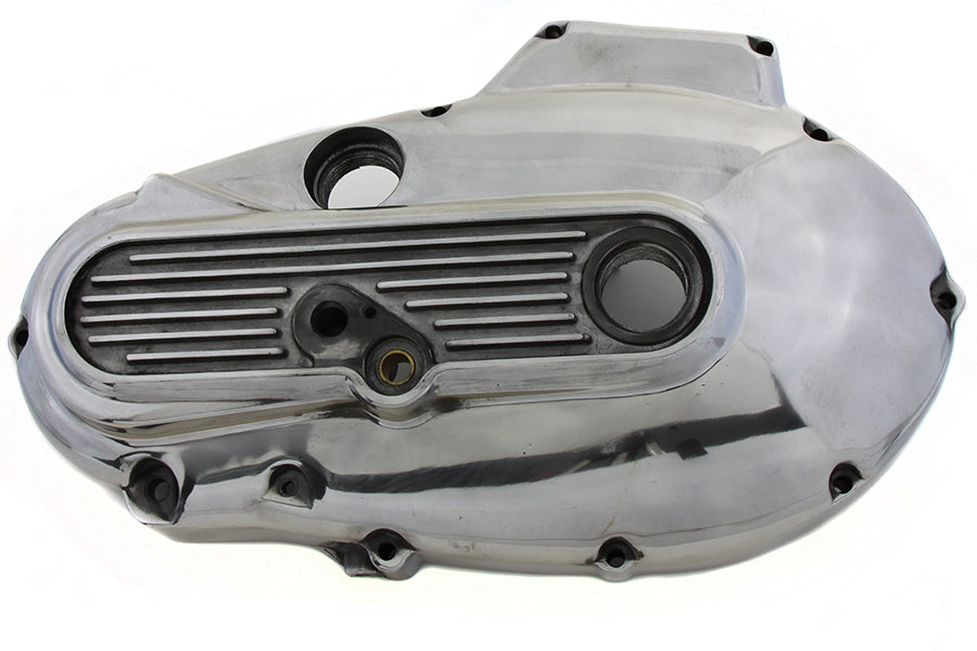 Polished MOTORSHOP Outer Primary Cover for drive line applications, showcasing a shiny metal finish on a motorcycle part.