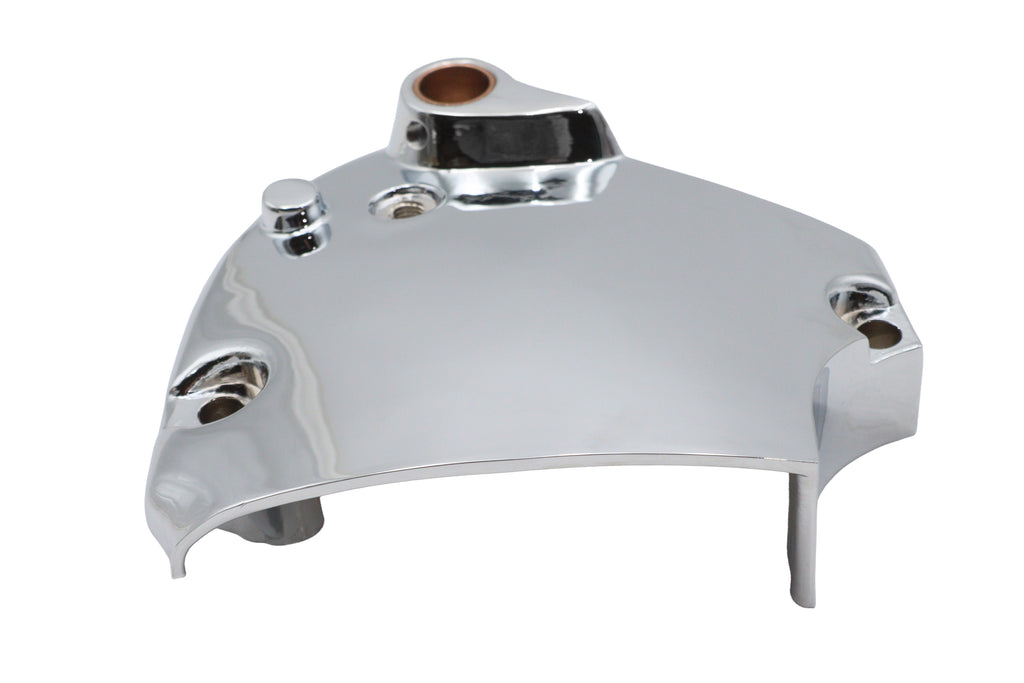Chrome sprocket cover from MOTORSHOP for drive line systems, featuring a sleek, polished finish for motorcycle protection.