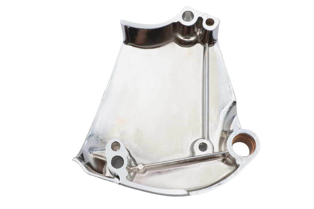 Chrome sprocket cover for drive line by Motorshop, showcasing a shiny, polished metal finish on a motorcycle sprocket cover.