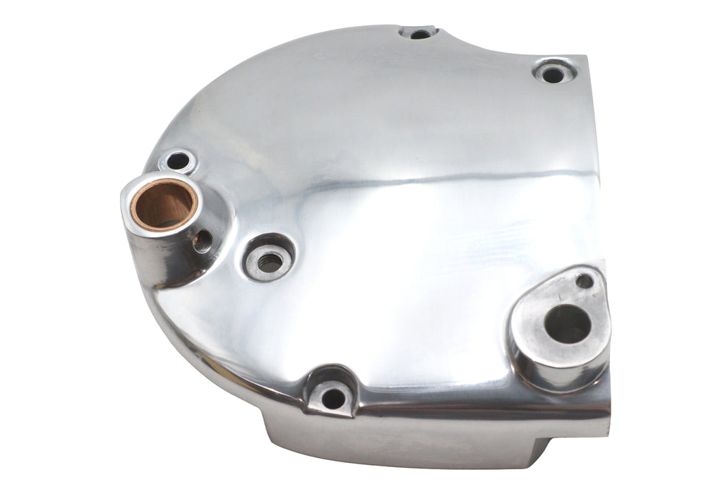 Polished MOTORSHOP sprocket cover for drive line assembly, showcasing a shiny metal finish and detailed design.