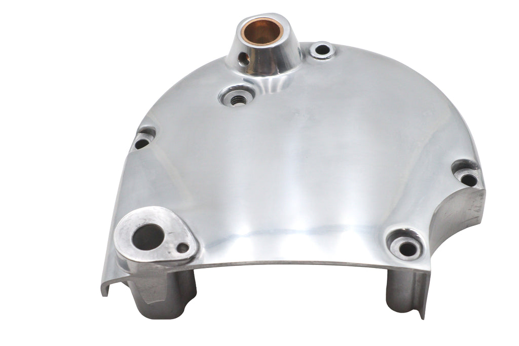 Polished MOTORSHOP drive line sprocket cover with a sleek, shiny finish, designed for motorcycle sprocket protection.