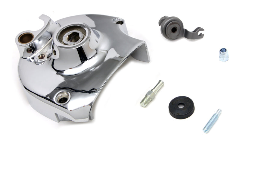 Chrome V-Twin sprocket cover kit for drive line, featuring a sleek finish and detailed design, fits V-Twin motorcycle models.