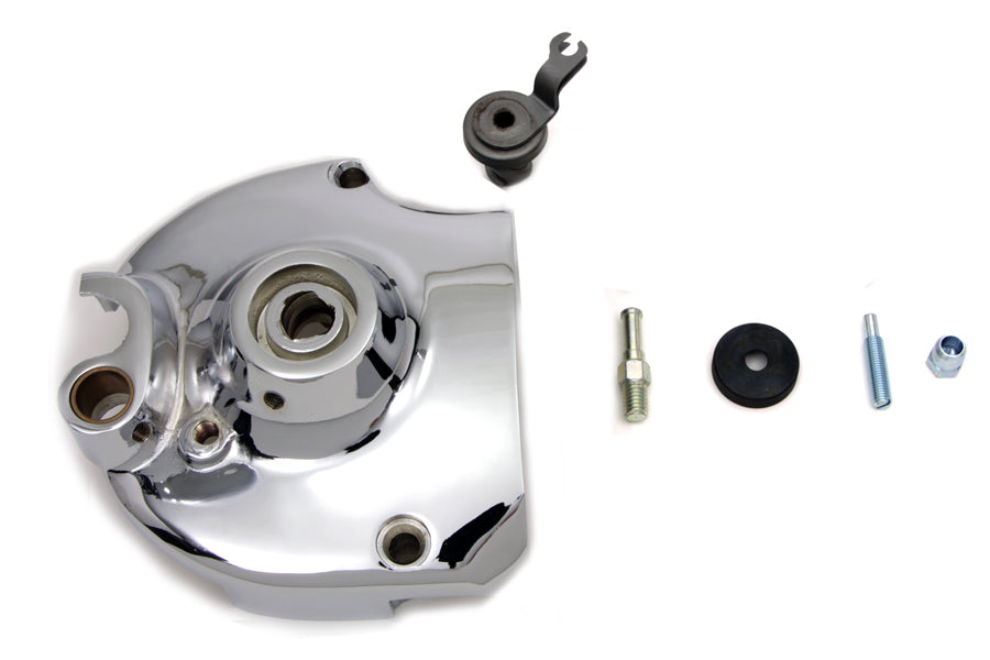 Chrome V-Twin Sprocket Cover Kit for drive line, featuring a polished finish and detailed design, compatible with V-Twin motorcycle models.