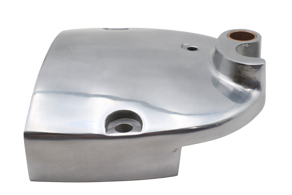 Polished reinforced sprocket cover for drive line by Motorshop, showcasing a shiny, durable motorcycle sprocket cover.