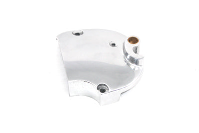 Polished MOTORSHOP sprocket cover for drive line, showcasing a shiny metal finish on a motorcycle engine component.