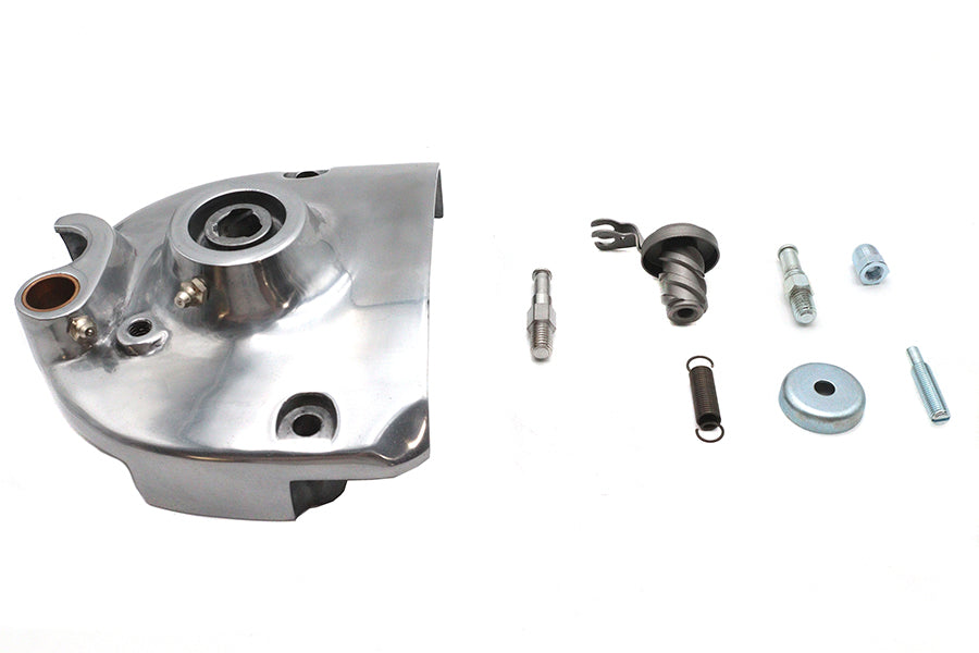 Polished MOTORSHOP Drive Line Kick Sprocket Cover Complete mounted on motorcycle engine for enhanced protection and style.