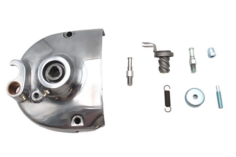Polished MOTORSHOP Drive Line Kick Sprocket Cover Complete for motorcycle, showcasing shiny metal finish and detailed design.