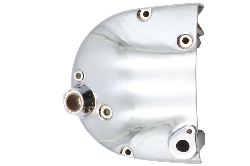 Chrome sprocket cover for motorcycle drive line by Motorshop, showcasing a shiny, durable metal finish with detailed design.