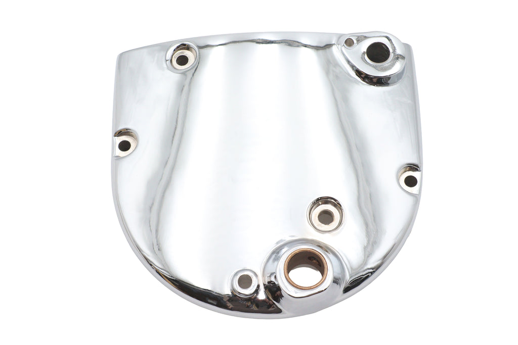 Motorshop Chrome Sprocket Cover for drive line, shiny chrome finish, mounted on motorcycle drivetrain with detailed branding.