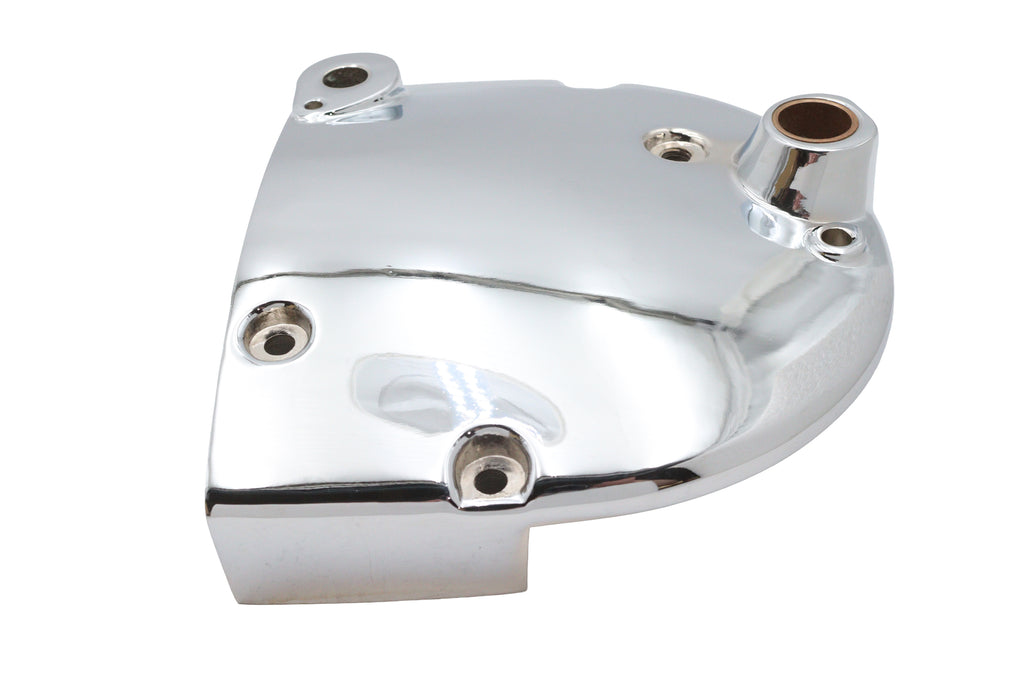 Chrome sprocket cover for motorcycle drive line, branded Motorshop, showcasing polished metal finish on a black background.