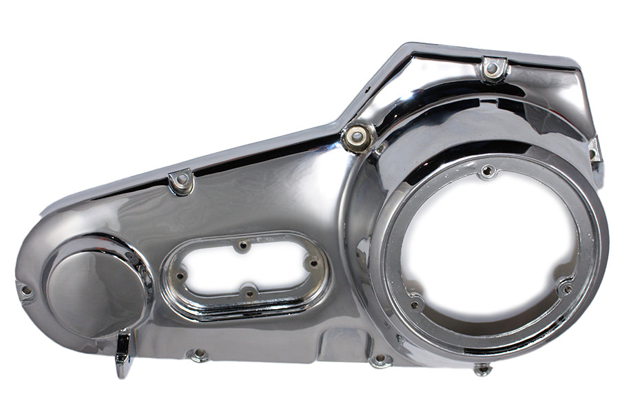 Chrome outer primary cover for drive line by Motorshop, showcasing a sleek, polished finish on a motorcycle primary drive component.