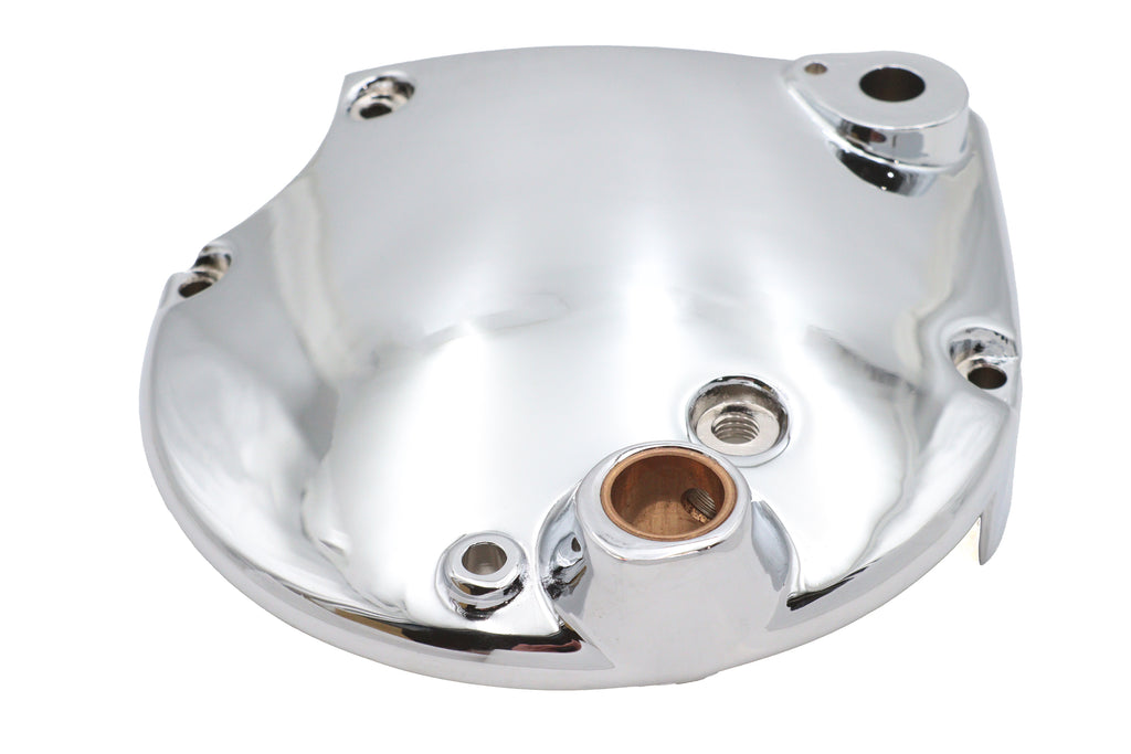 Chrome sprocket cover for motorcycle drive line by Motorshop, showcasing a shiny, polished metal finish with mounting details.