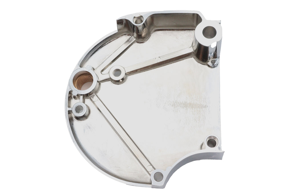 Chrome sprocket cover for drive line by Motorshop, showcasing a shiny, polished metal finish with detailed branding.