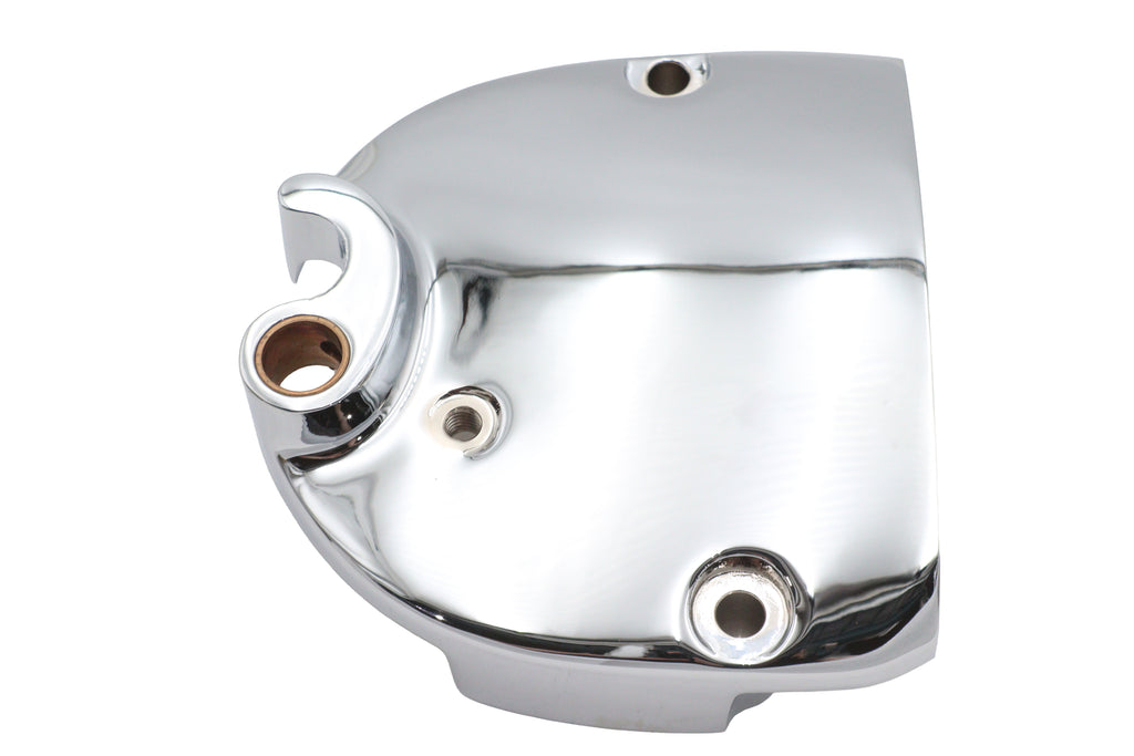 Chrome reinforced sprocket cover for drive line by Motorshop, showcasing durable metal construction and sleek chrome finish.