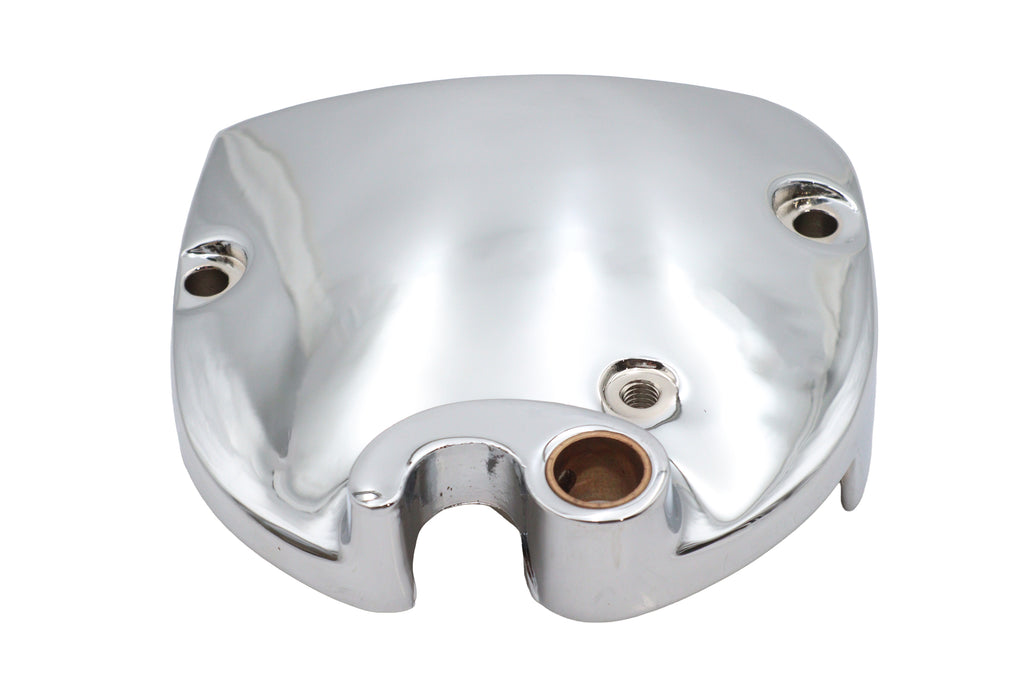 Chrome reinforced sprocket cover for drive line by Motorshop, showcasing durable, polished metal design and mounting features.