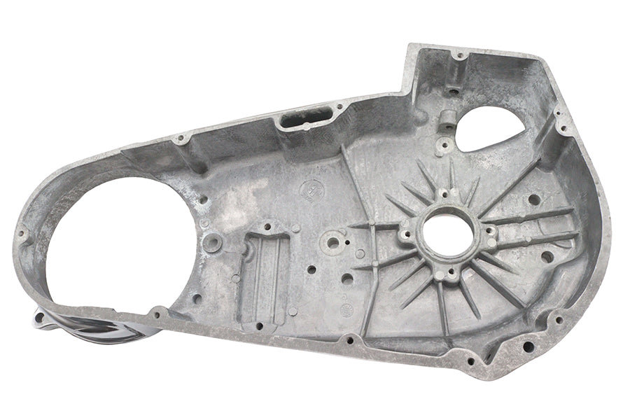 V-TWIN aluminum inner primary cover for drive line, featuring a sleek, polished finish and precise fit for motorcycle engine protection.
