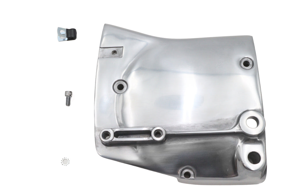 Polished Motorshop drive line sprocket cover with sleek finish, designed for motorcycle drive systems.
