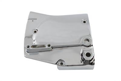 Chrome sprocket cover for drive line from Motorshop, showcasing shiny finish and detailed mounting design.