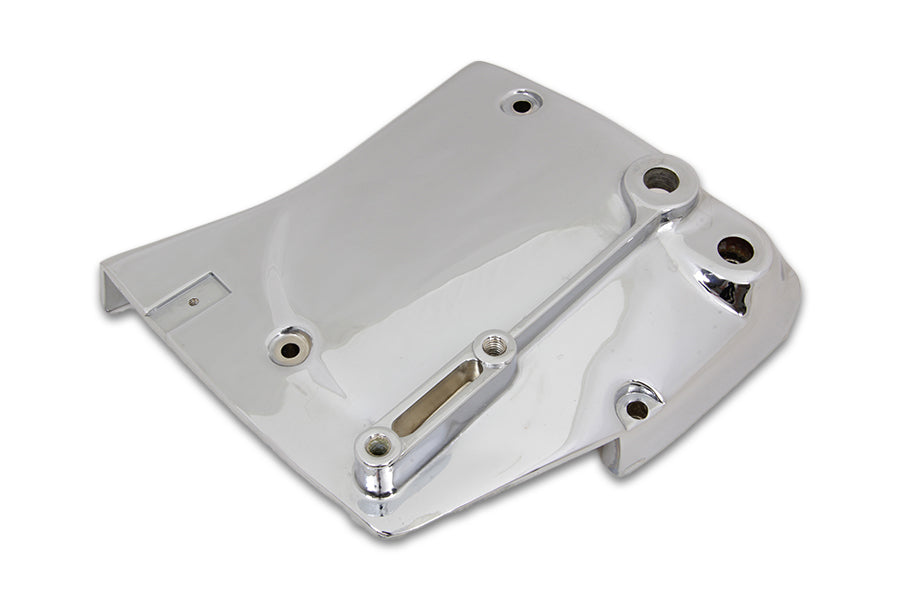 Chrome sprocket cover for drive line from Motorshop, showcasing shiny finish and detailed design on a motorcycle.