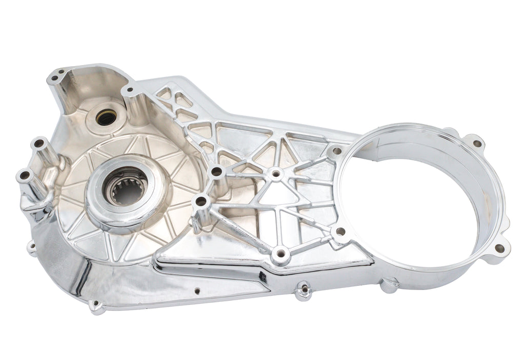 Motorshop Chrome Inner Primary Cover for drive line, shiny chrome finish, detailed close-up of the motorcycle part.