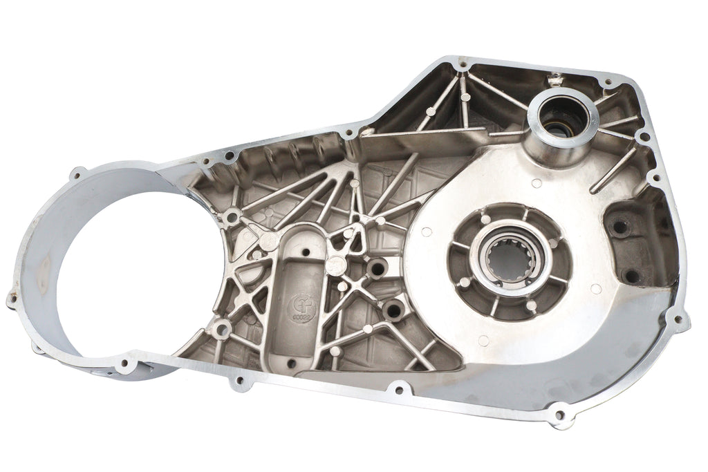 Chrome inner primary drive line cover for motorcycle from Motorshop, showcasing a sleek, polished metal finish.