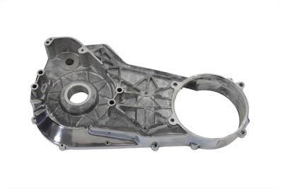 Polished MOTORSHOP Drive Line Inner Primary Cover for motorcycle, shiny metal finish, detailed close-up image.