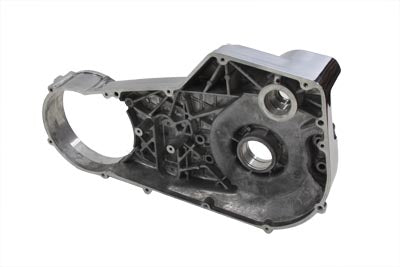 Polished MotorShop inner primary cover for drive line, showing a shiny, smooth metal surface with detailed mounting holes.
