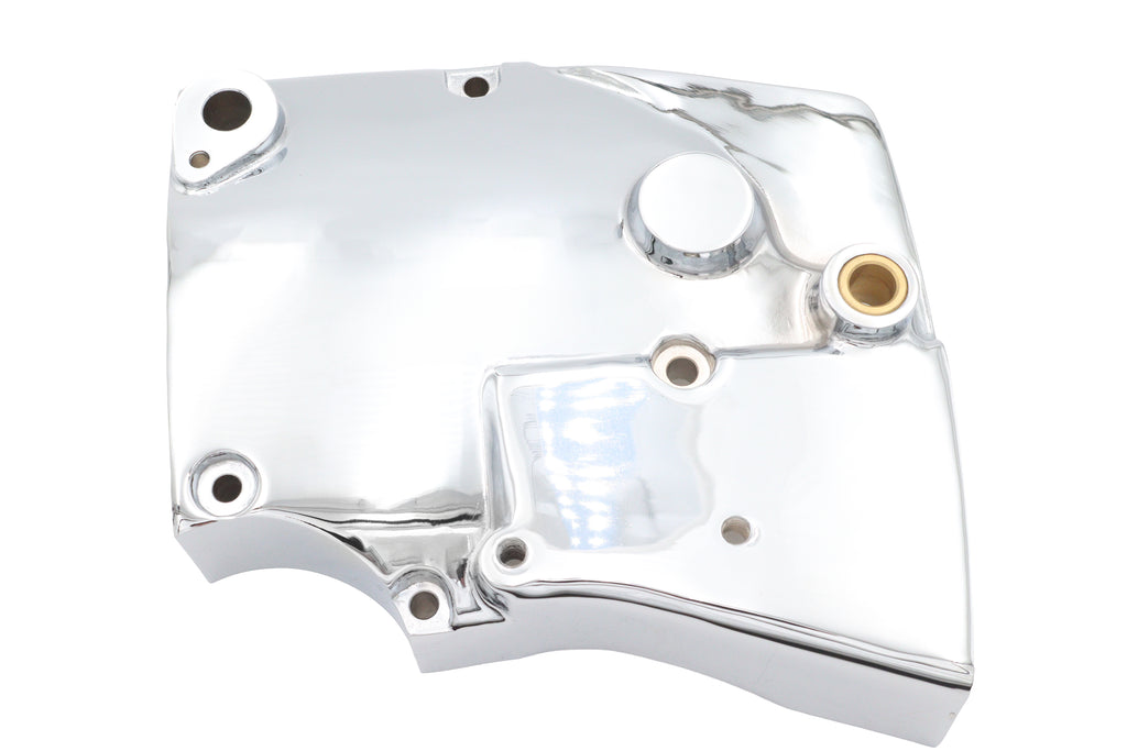 Chrome sprocket cover for drive line from Motorshop, showcasing a shiny, durable motorcycle sprocket cover with a sleek chrome finish.