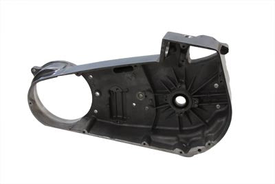 Polished MotorShop inner primary cover for motorcycle drive line, shiny metal finish, detailed close-up of the part.