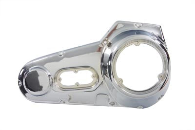 Chrome outer primary cover for motorcycle drive line by Motorshop, featuring a sleek, polished finish and detailed design.