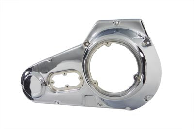 Chrome outer primary cover for drive line by Motorshop, showcasing a shiny, polished finish on a motorcycle engine component.